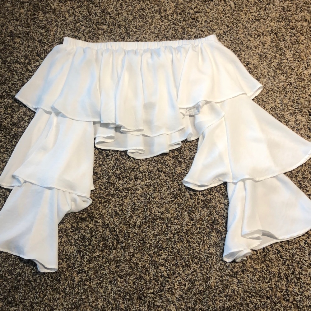 White ruffle, off the shoulder crop top